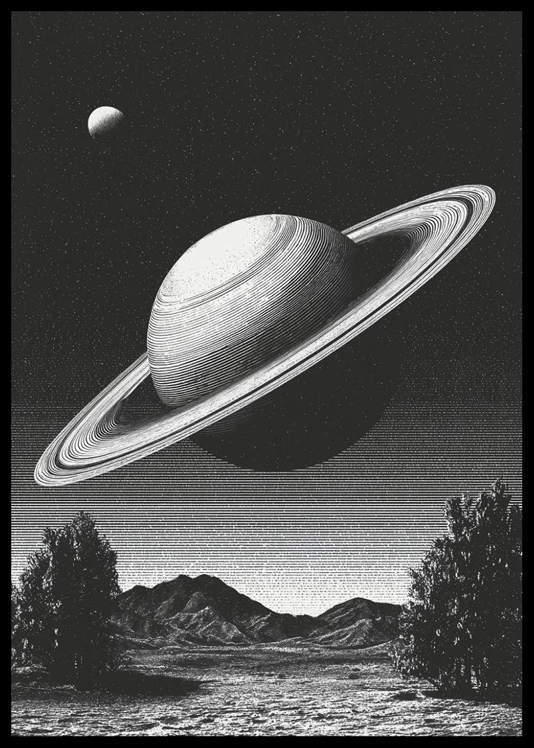 A surreal black and white scene where Saturn rises powerfully over an earthly landscape.-12