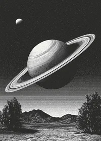 A surreal black and white scene where Saturn rises powerfully over an earthly landscape.-7