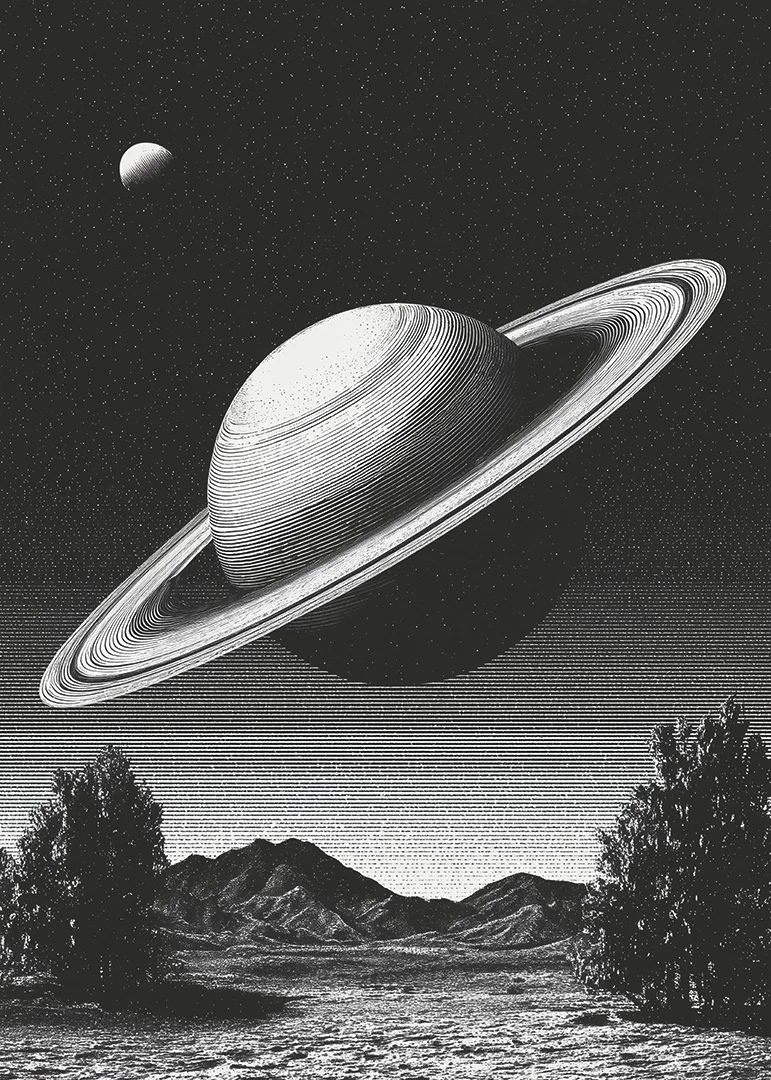 A surreal black and white scene where Saturn rises powerfully over an earthly landscape.-12