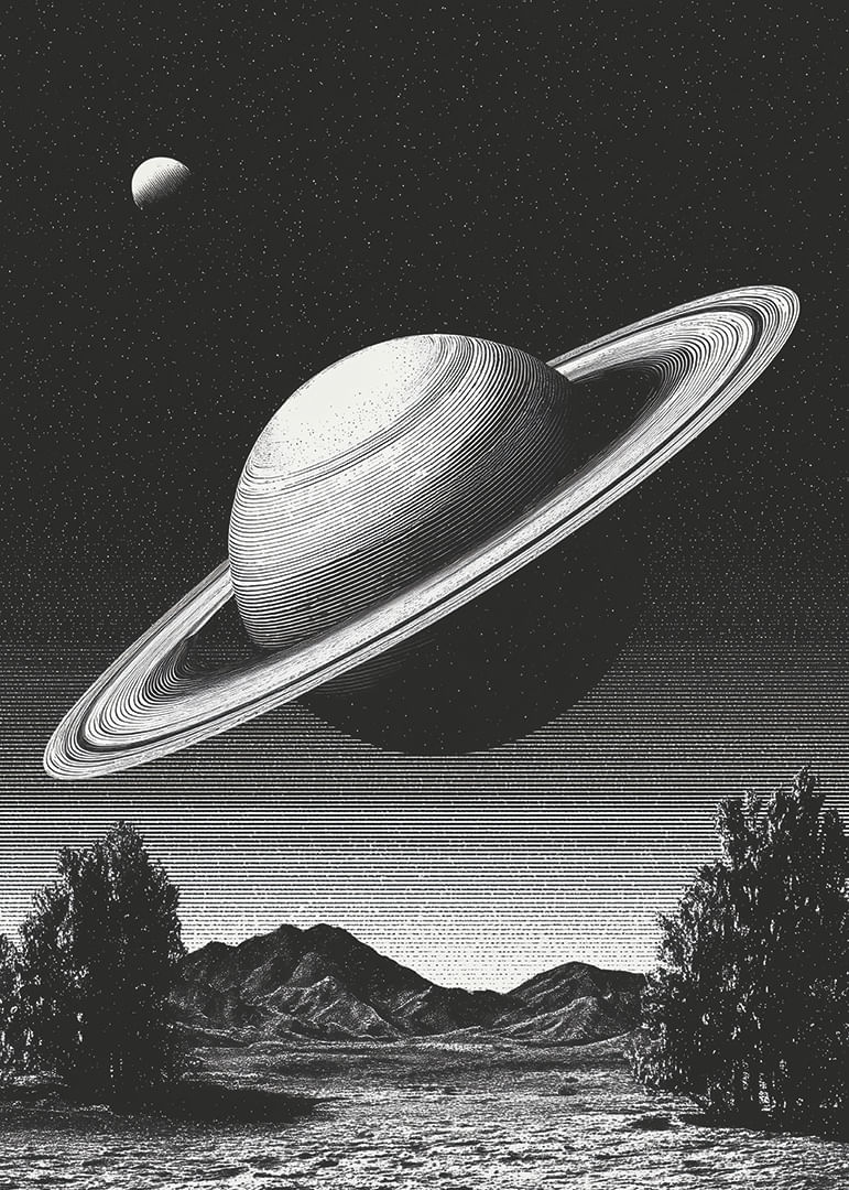 A surreal black and white scene where Saturn rises powerfully over an earthly landscape.-12