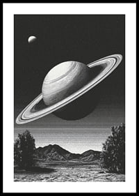 En surrealistisk svartvit scen där Saturnus reser sig mäktigt över ett jordiskt landskap.-0