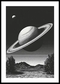 A surreal black and white scene where Saturn rises powerfully over an earthly landscape.-0