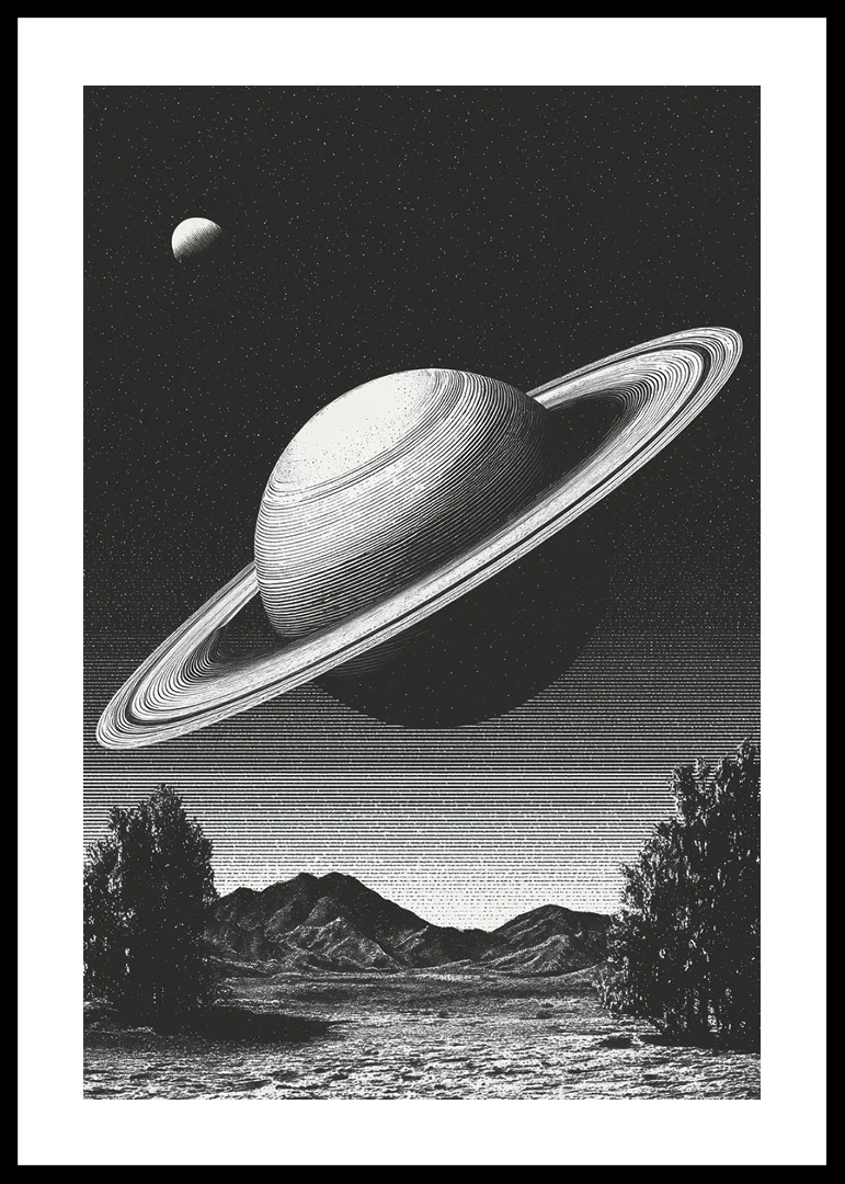 A surreal black and white scene where Saturn rises powerfully over an earthly landscape.-12