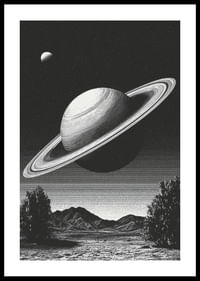 A surreal black and white scene where Saturn rises powerfully over an earthly landscape.-0