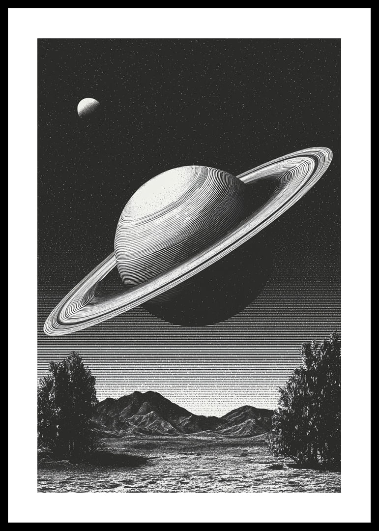 A surreal black and white scene where Saturn rises powerfully over an earthly landscape.-12