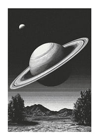 En surrealistisk svartvit scen där Saturnus reser sig mäktigt över ett jordiskt landskap.-1
