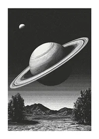 A surreal black and white scene where Saturn rises powerfully over an earthly landscape.-1
