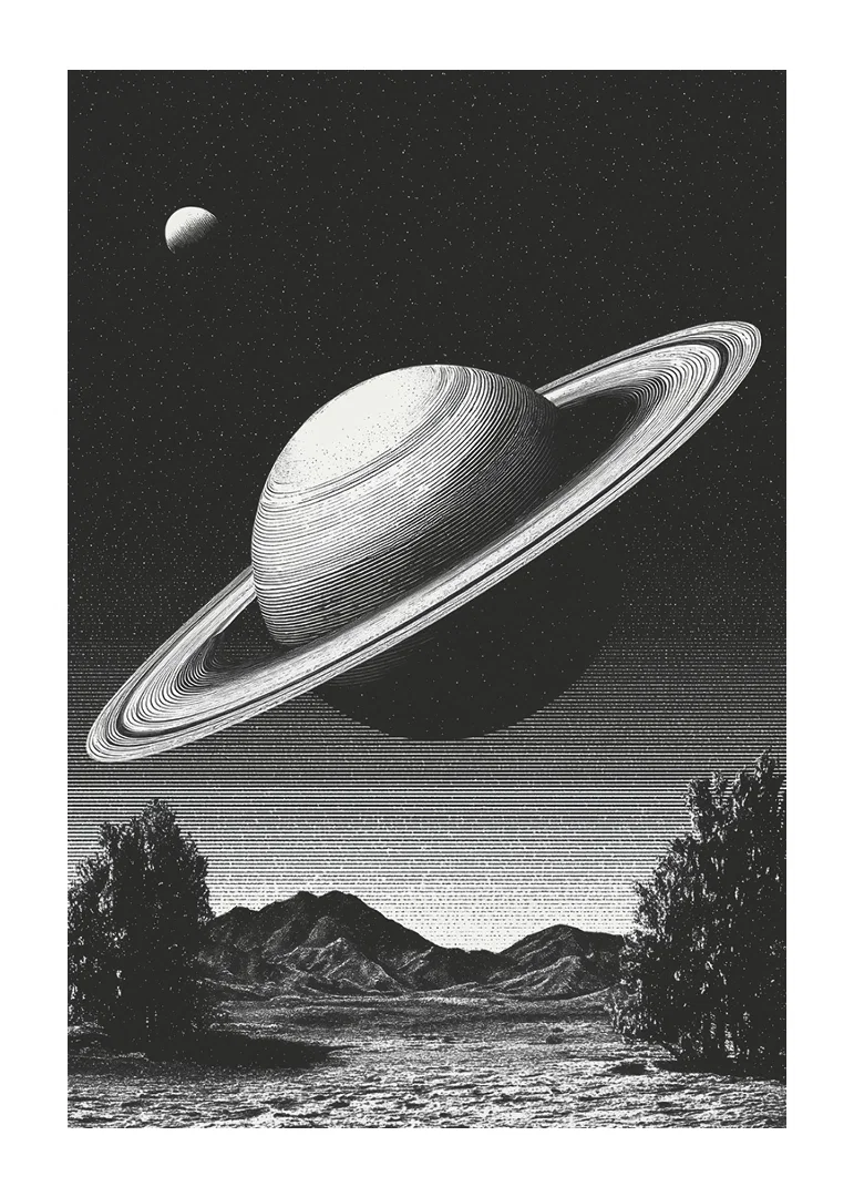 A surreal black and white scene where Saturn rises powerfully over an earthly landscape.-12