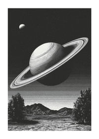 A surreal black and white scene where Saturn rises powerfully over an earthly landscape.-1