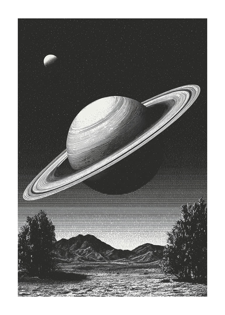 A surreal black and white scene where Saturn rises powerfully over an earthly landscape.-12