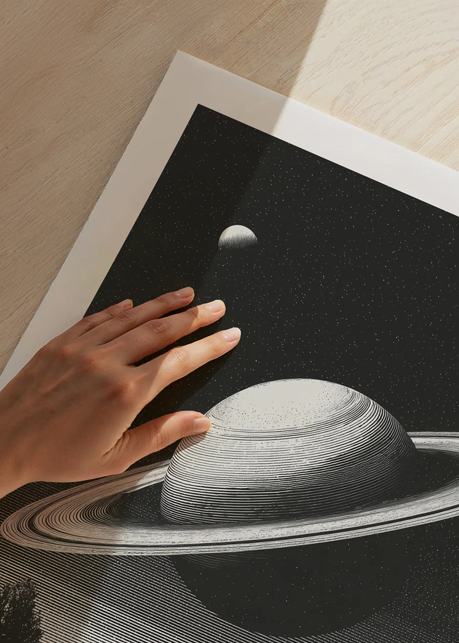 A surreal black and white scene where Saturn rises powerfully over an earthly landscape.-12