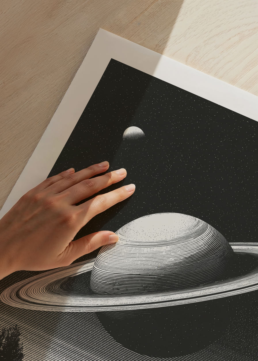 A surreal black and white scene where Saturn rises powerfully over an earthly landscape.-12