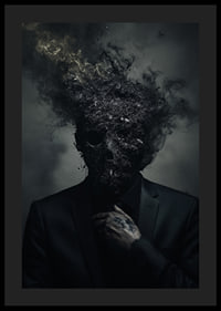 A dark figure in a suit is depicted with a head that turns into smoke and ash.-0