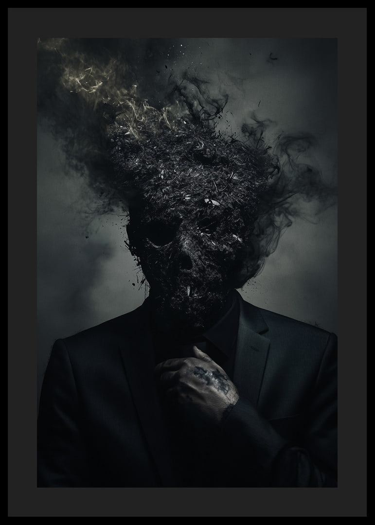 A dark figure in a suit is depicted with a head that turns into smoke and ash.-12