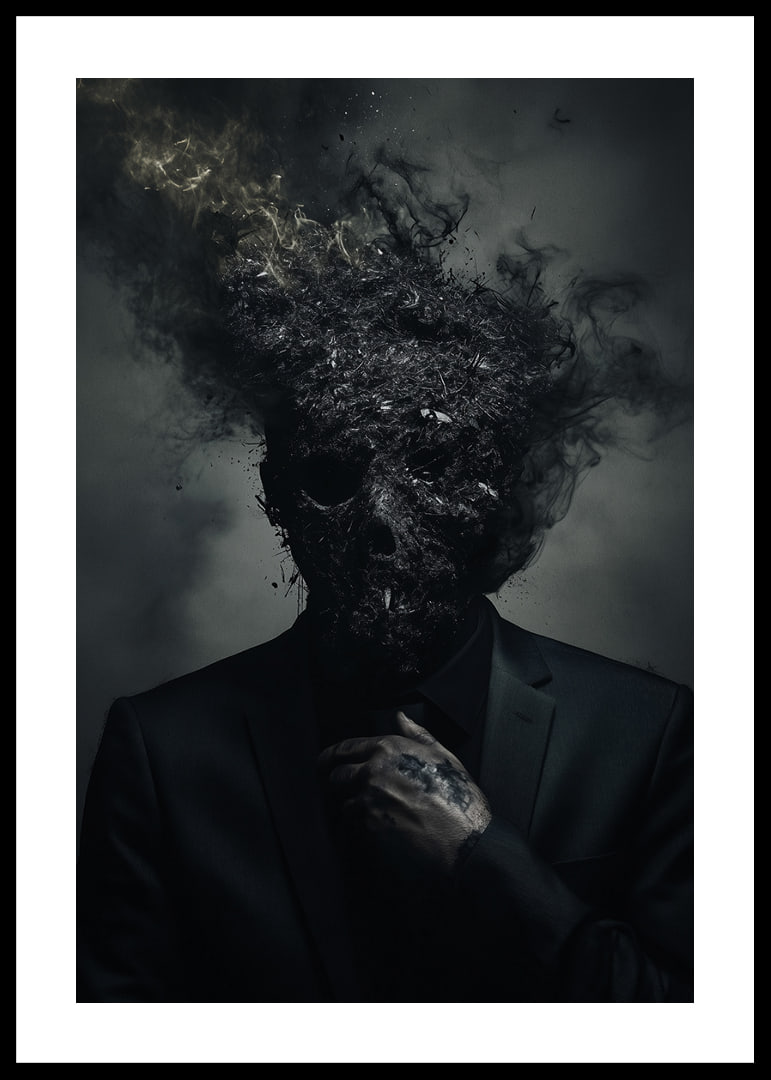 A dark figure in a suit is depicted with a head that turns into smoke and ash.-12