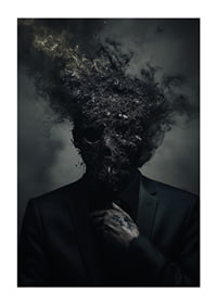 A dark figure in a suit is depicted with a head that turns into smoke and ash.-3