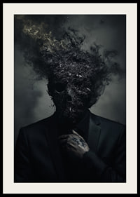 A dark figure in a suit is depicted with a head that turns into smoke and ash.-4