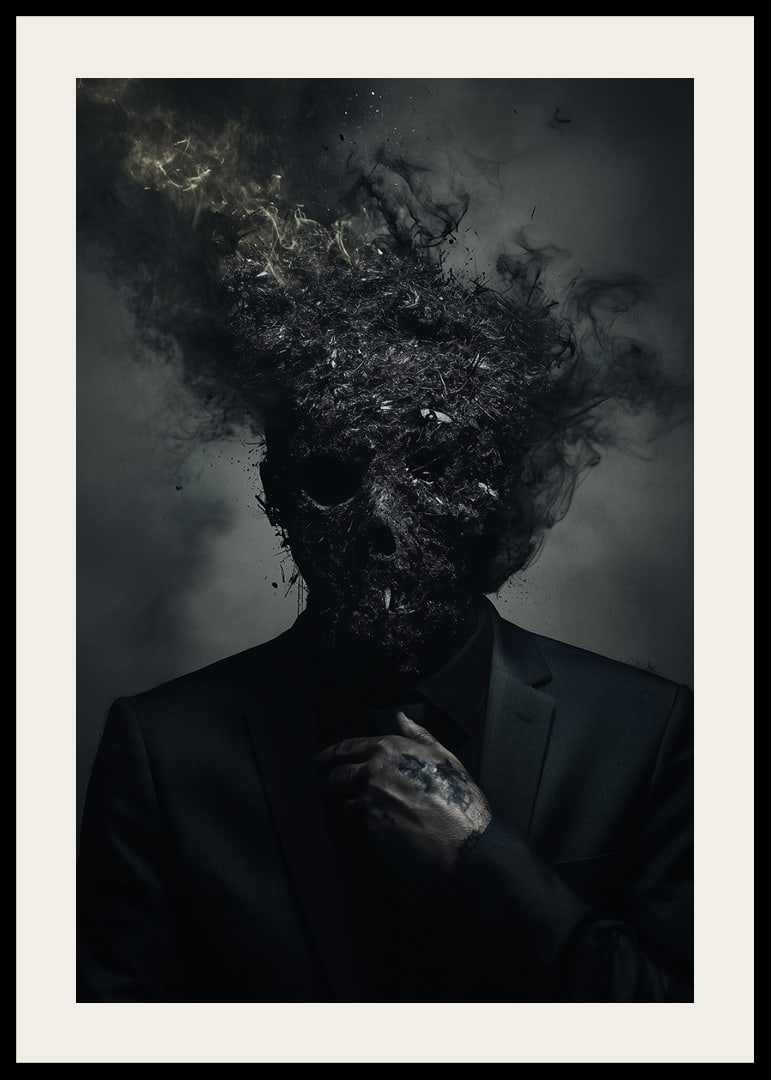 A dark figure in a suit is depicted with a head that turns into smoke and ash.-12