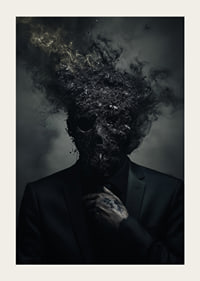 A dark figure in a suit is depicted with a head that turns into smoke and ash.-5