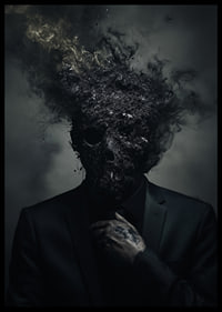 A dark figure in a suit is depicted with a head that turns into smoke and ash.-6