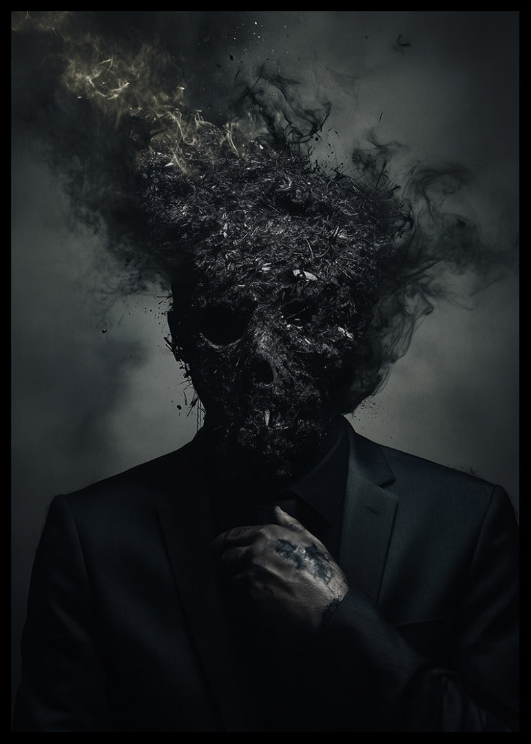 A dark figure in a suit is depicted with a head that turns into smoke and ash.-12