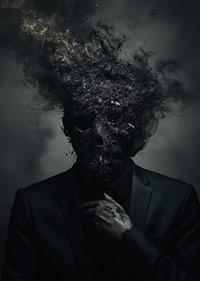 A dark figure in a suit is depicted with a head that turns into smoke and ash.-7