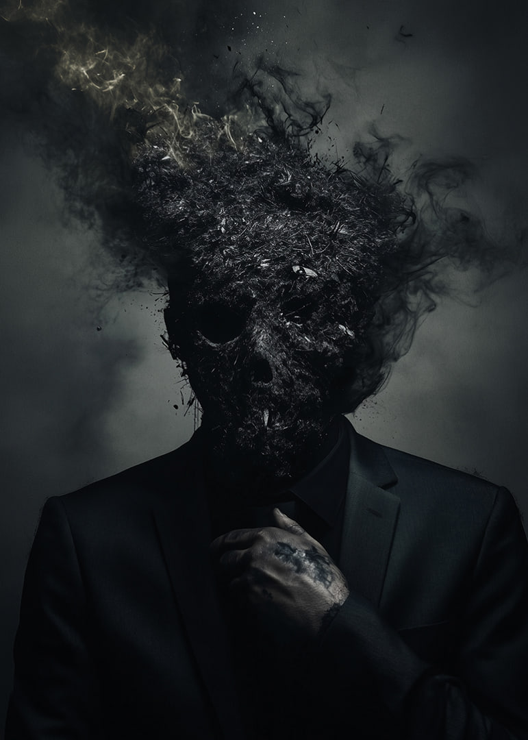 A dark figure in a suit is depicted with a head that turns into smoke and ash.-12