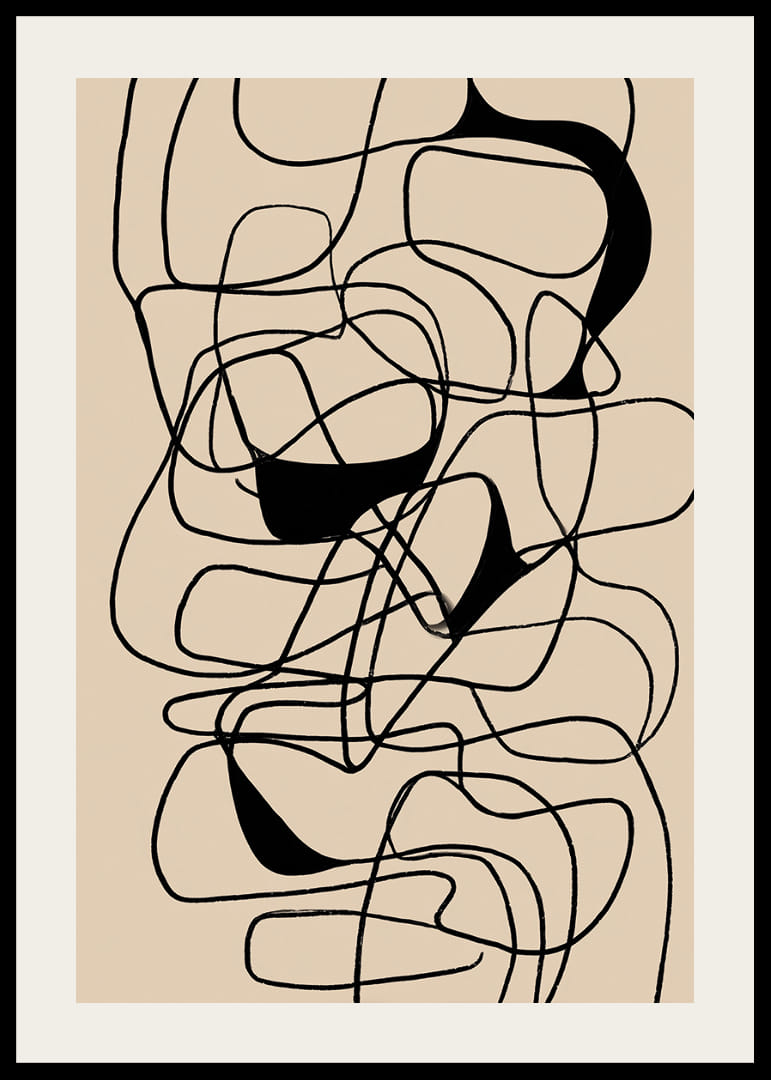 Svarta linjer flätas samman i ett abstrakt mönster på beige bakgrund.-12