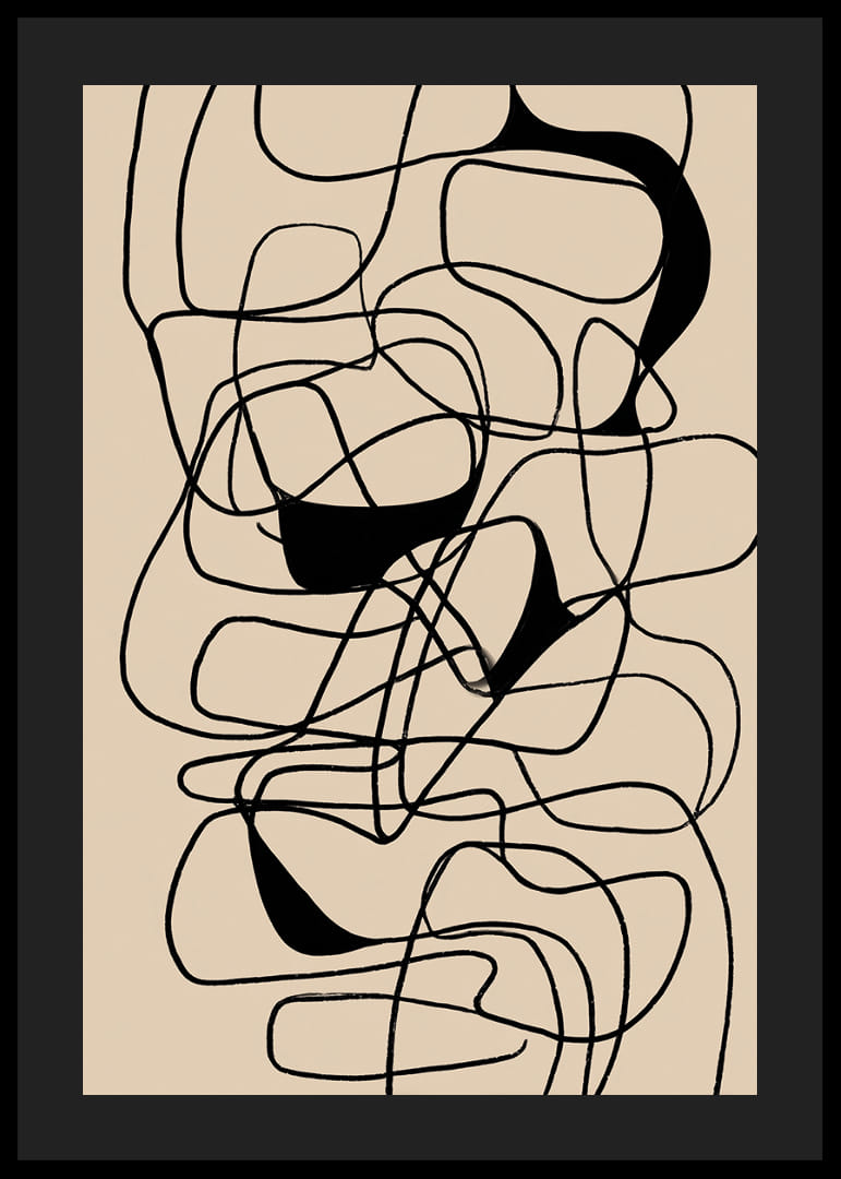 Svarta linjer flätas samman i ett abstrakt mönster på beige bakgrund.-12