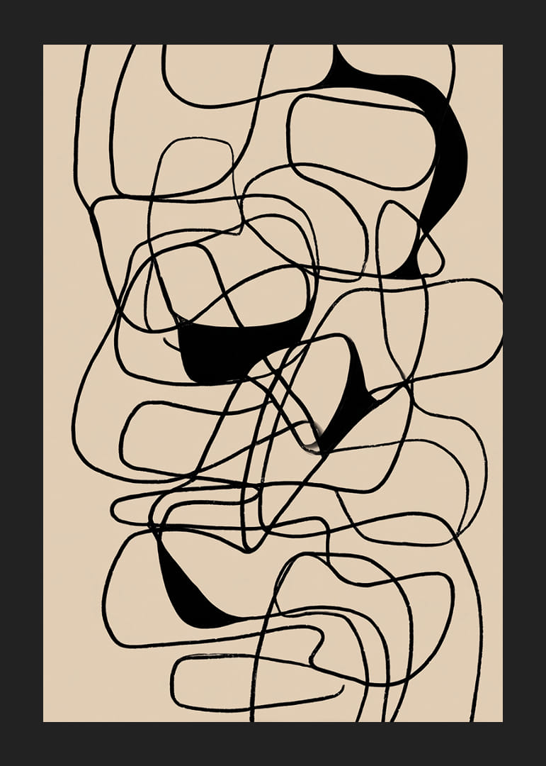 Svarta linjer flätas samman i ett abstrakt mönster på beige bakgrund.-12