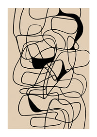 Sorte linjer flettes sammen i et abstrakt mønster på en beige baggrund.-1