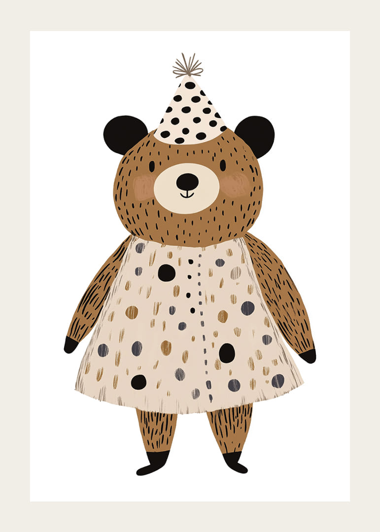 Onnellinen karhu juhlahatussaan levittää iloa ja leikkisyyttä.-12