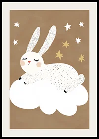 A fluffy rabbit floats on a cloud under a starry sky.-2
