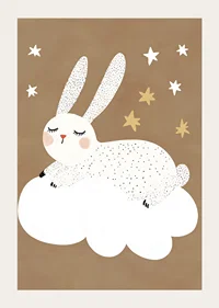 A fluffy rabbit floats on a cloud under a starry sky.-3