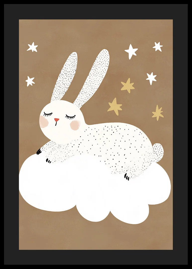 A fluffy rabbit floats on a cloud under a starry sky.-12