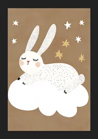 A fluffy rabbit floats on a cloud under a starry sky.-5