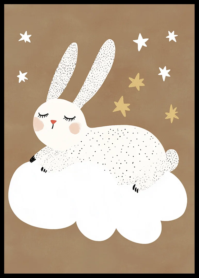 A fluffy rabbit floats on a cloud under a starry sky.-12