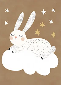 A fluffy rabbit floats on a cloud under a starry sky.-7