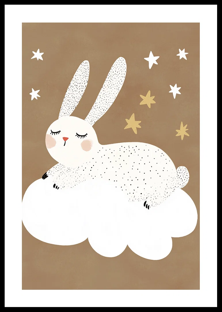 A fluffy rabbit floats on a cloud under a starry sky.-12