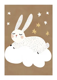 A fluffy rabbit floats on a cloud under a starry sky.-1