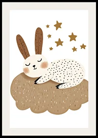 A dreamy rabbit rests on a fluffy cloud under the stars.-2