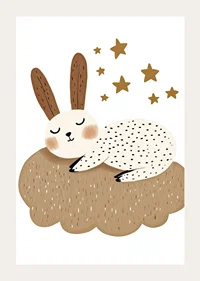A dreamy rabbit rests on a fluffy cloud under the stars.-3