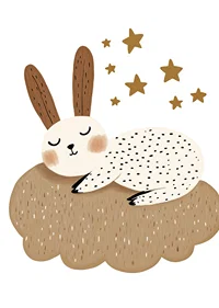 A dreamy rabbit rests on a fluffy cloud under the stars.-7