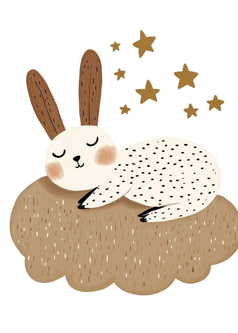 A dreamy rabbit rests on a fluffy cloud under the stars.-12