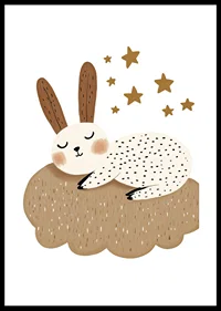 A dreamy rabbit rests on a fluffy cloud under the stars.-0