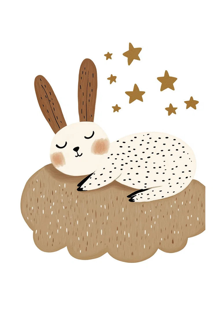 A dreamy rabbit rests on a fluffy cloud under the stars.-12