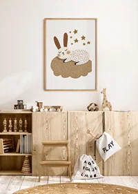 A dreamy rabbit rests on a fluffy cloud under the stars.-8