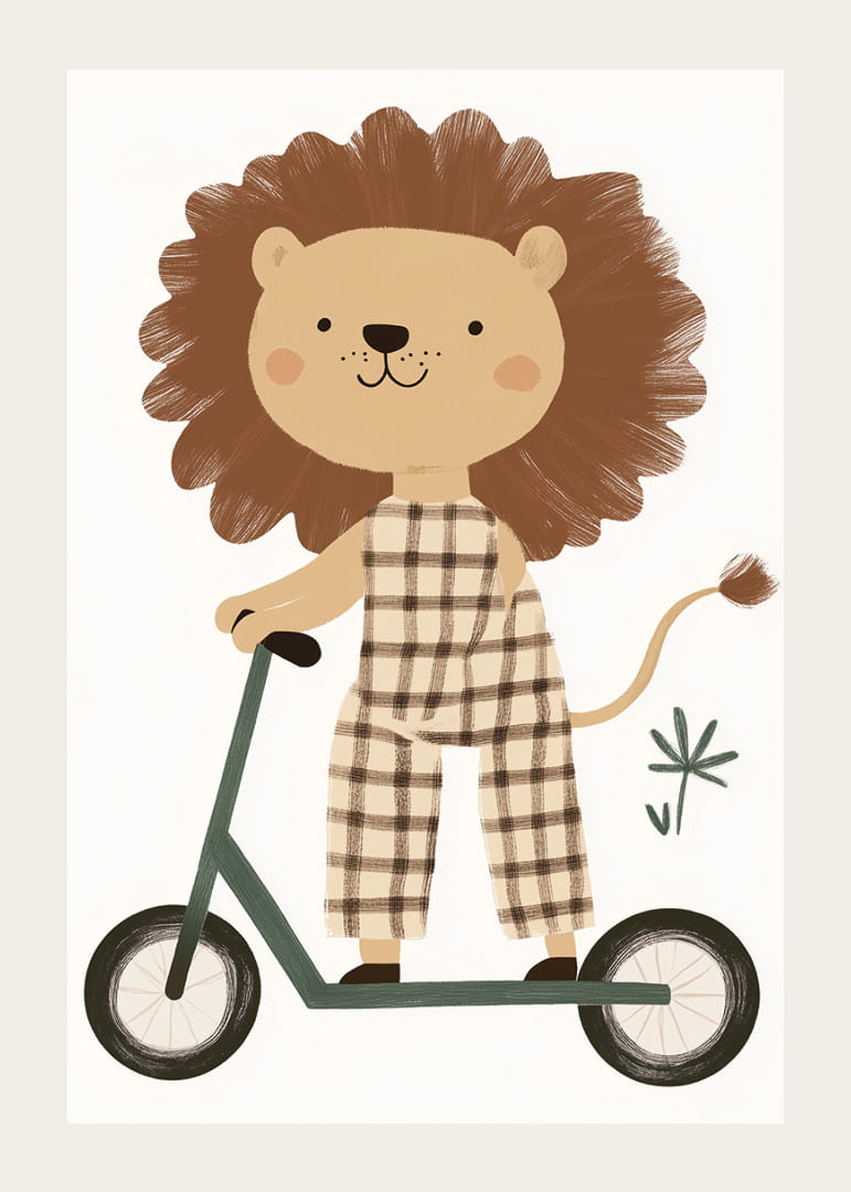 Charmante Löwenfigur auf einem Roller verbreitet spielerische Freude.-12