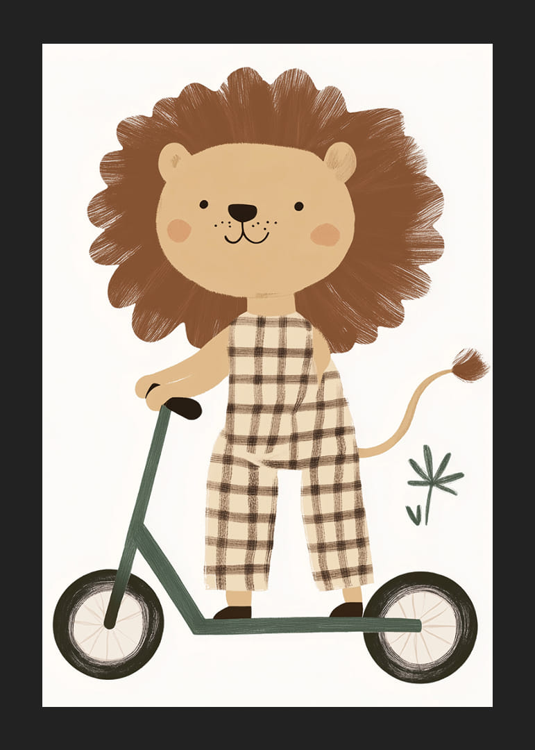 Charmante Löwenfigur auf einem Roller verbreitet spielerische Freude.-12