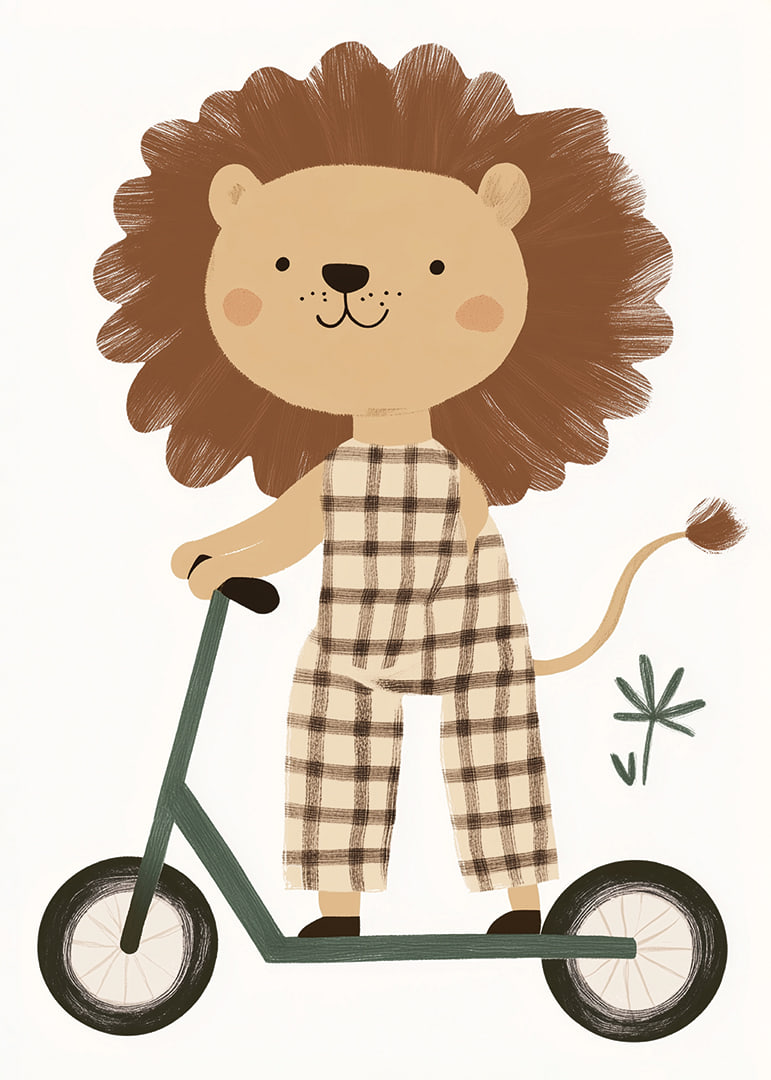 Charming lion figure on a scooter spreads playful joy.-12